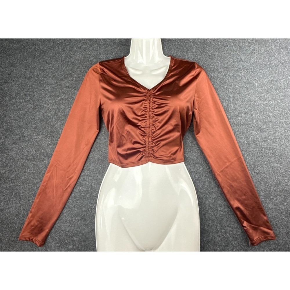 Calia Womens Large Ruched Rash Guard Crop Top Brown Long Sleeve Swim Top NWT
